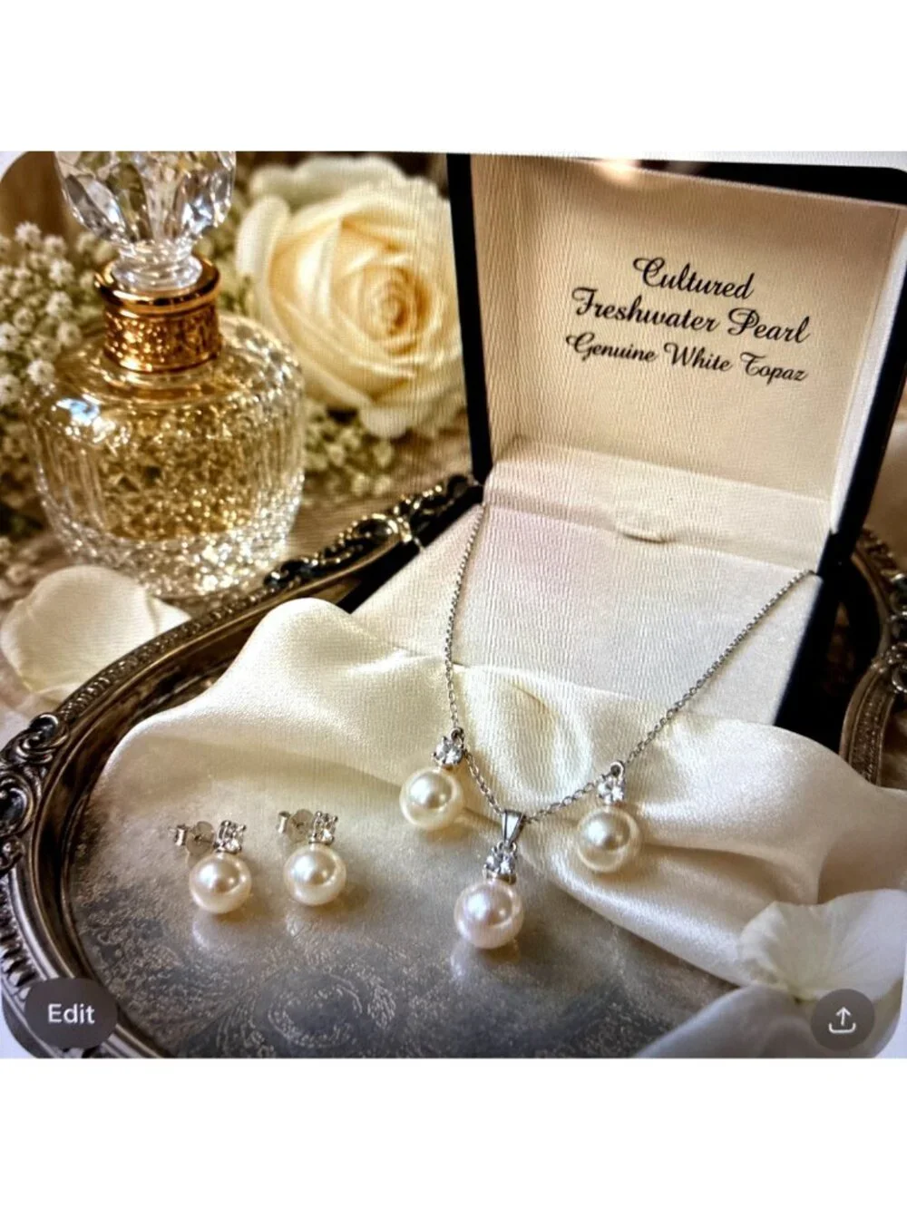 Sterling Silver Pearl & White Topaz Jewelry Set - Picture 1 of 14